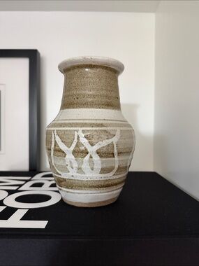 Neutral Striped Ceramic Vase in Beige and White